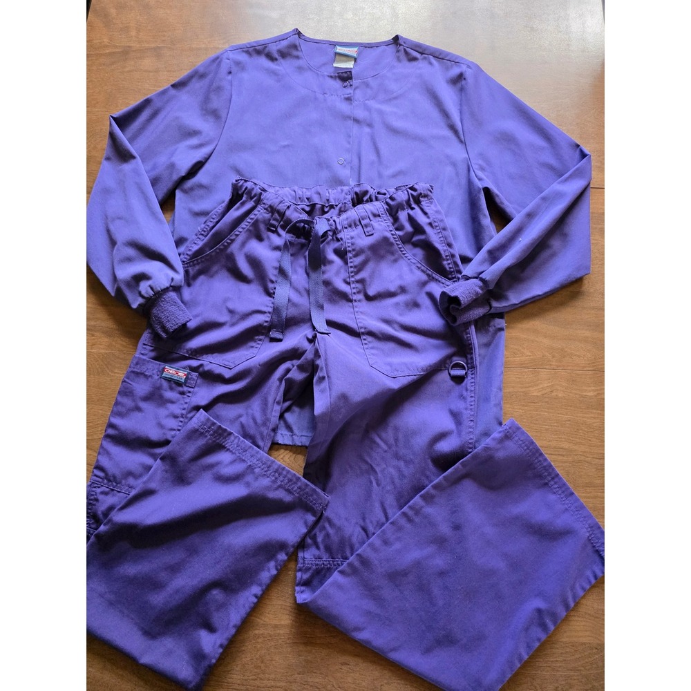Cherokee Workwear Scrub Set XXS Grape Purple Snap Jacket Cargo Pants nursedoctor
